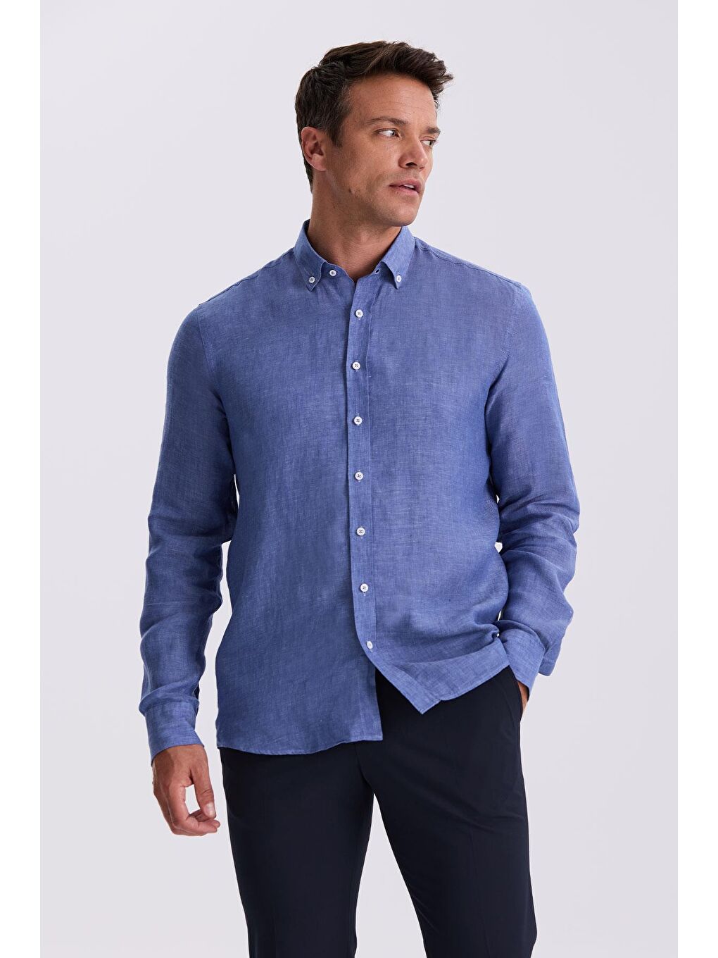 Mavi Saks %100 Keten Düğmeli Yaka Comfort Fit Gömlek-1