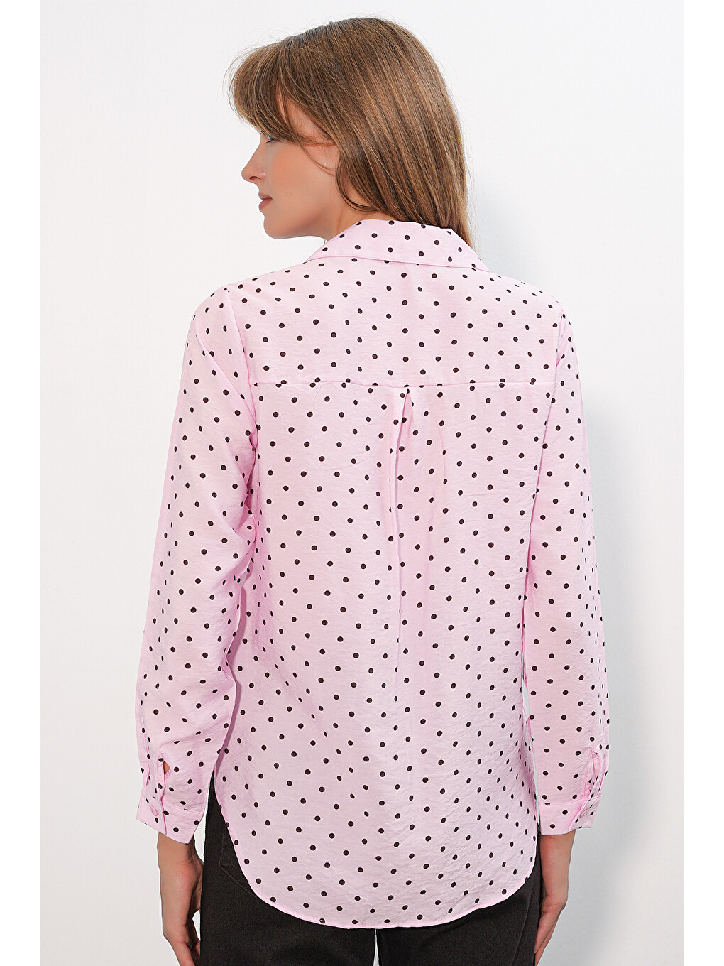 Kadın Tek Cepli Puantiyeli Oversize Gömlek 20399 - Pembe-5