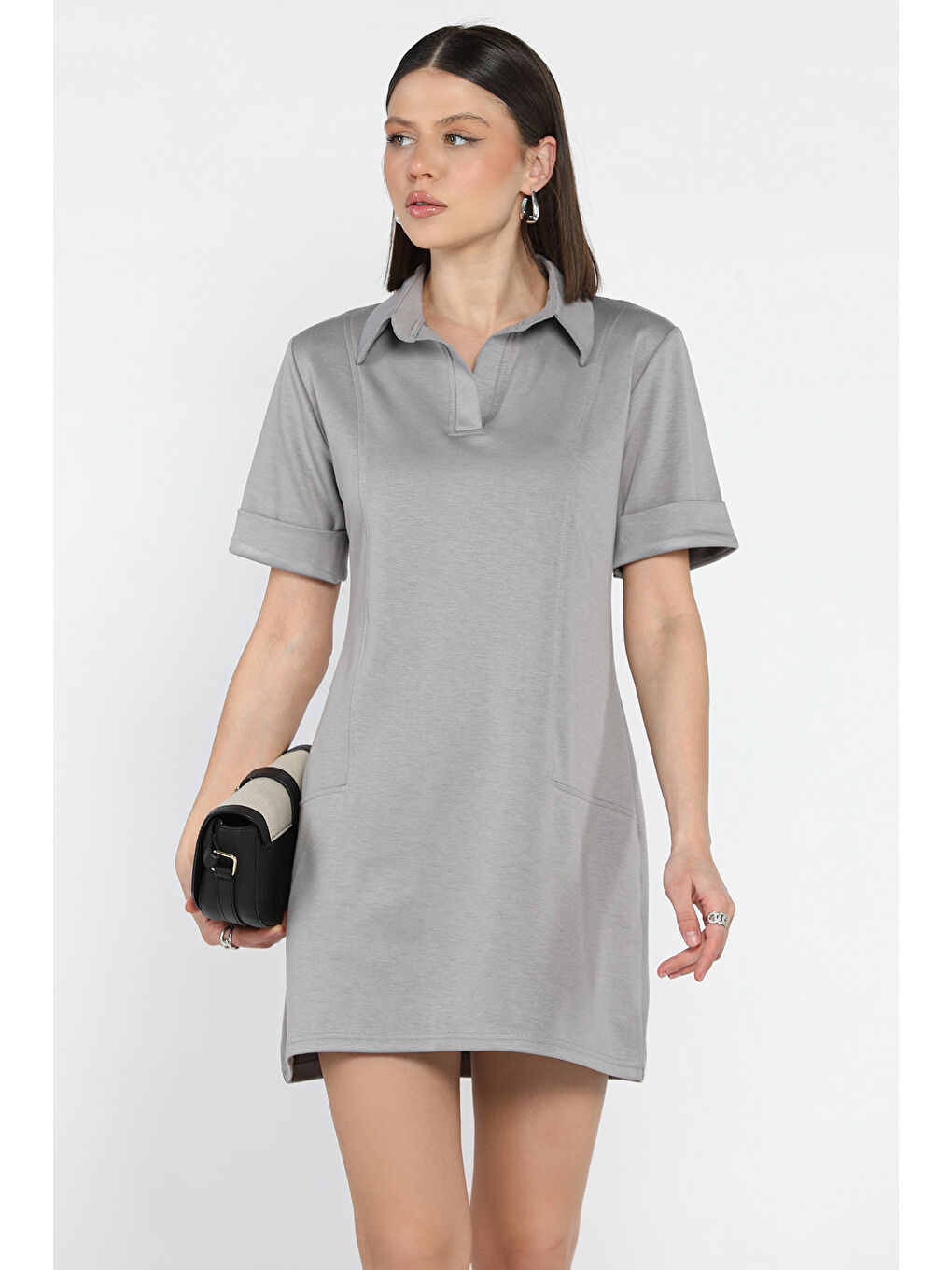 Gri Polo Yaka Duble Kol Kadın Elbise-1