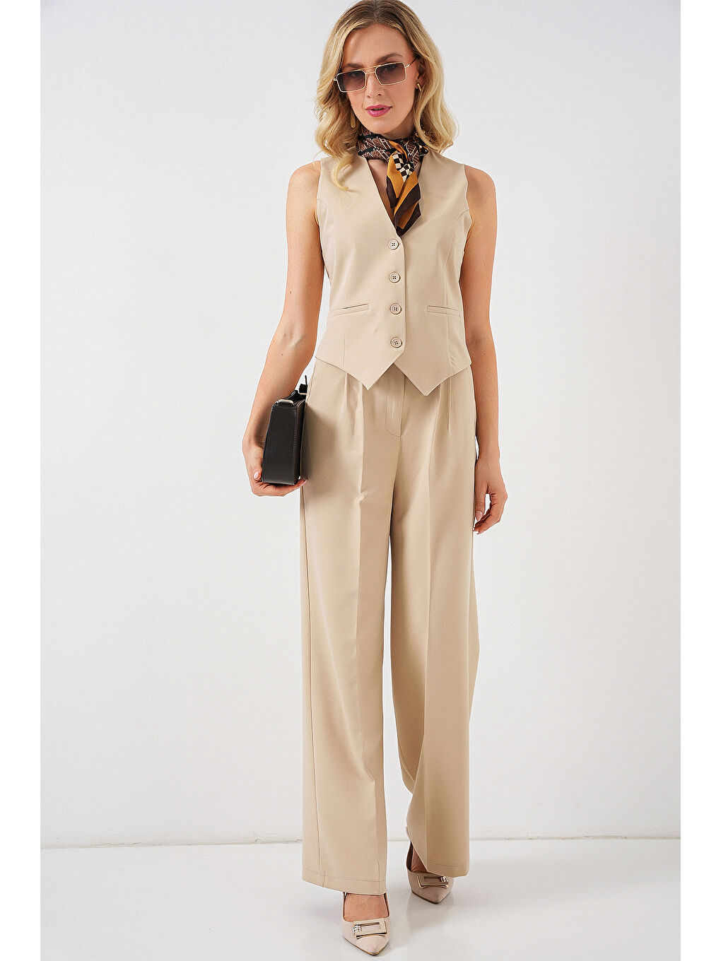 6709 Kadın Yelek Pantolon İkili Takım - Bej-4