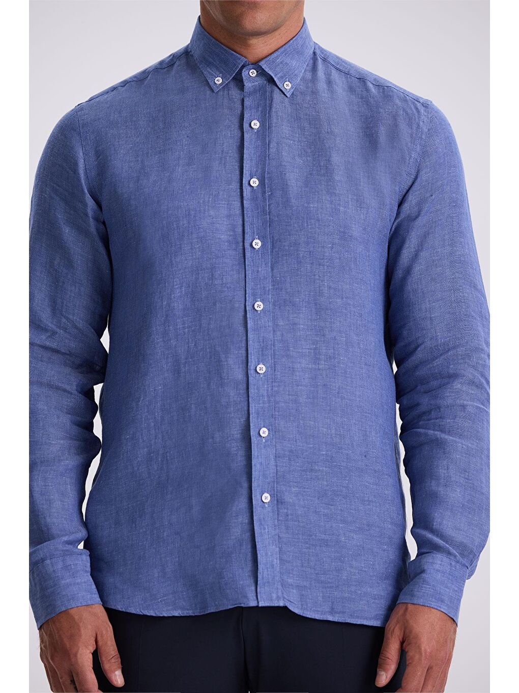 Mavi Saks %100 Keten Düğmeli Yaka Comfort Fit Gömlek-2