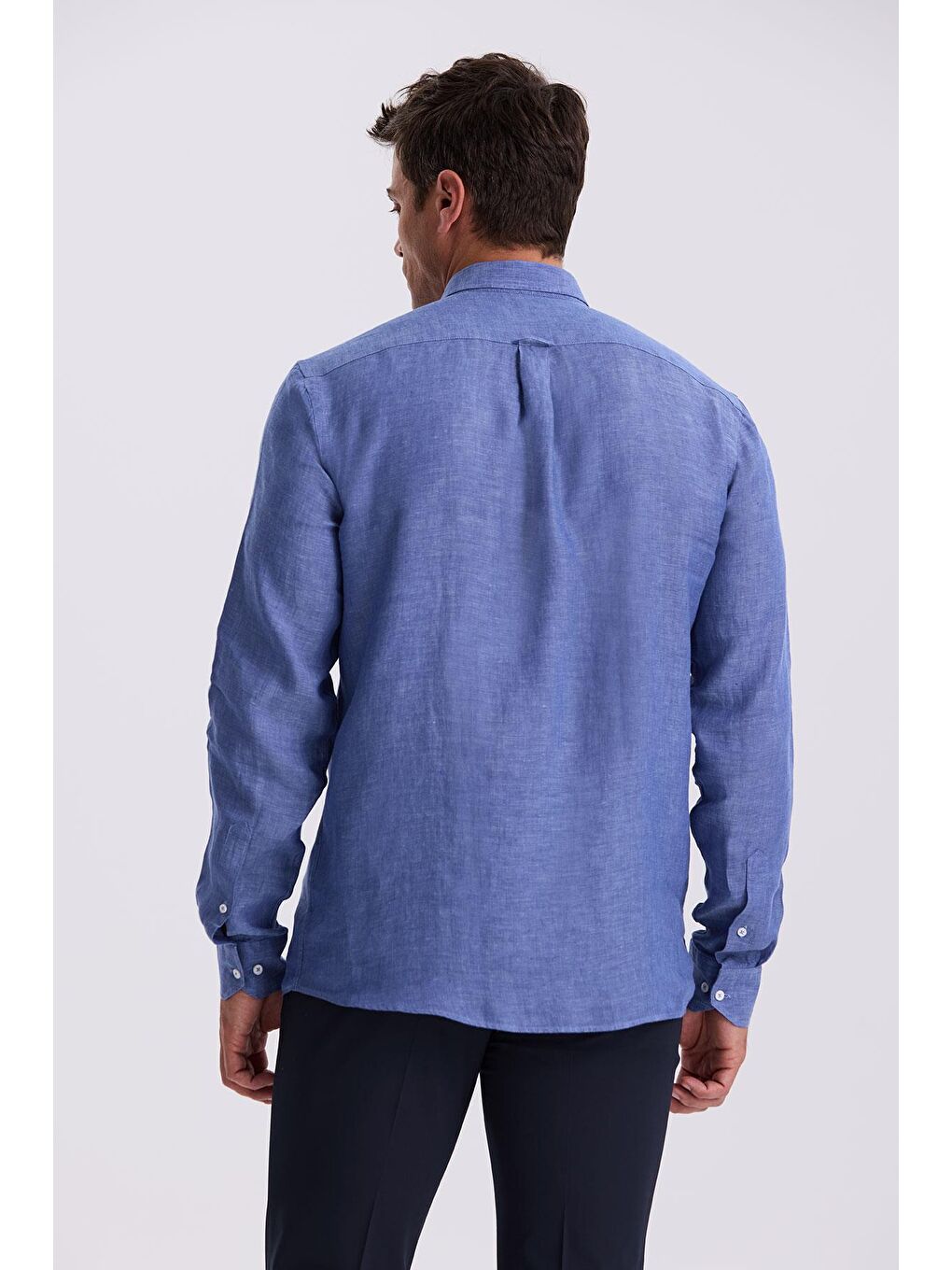 Mavi Saks %100 Keten Düğmeli Yaka Comfort Fit Gömlek-3