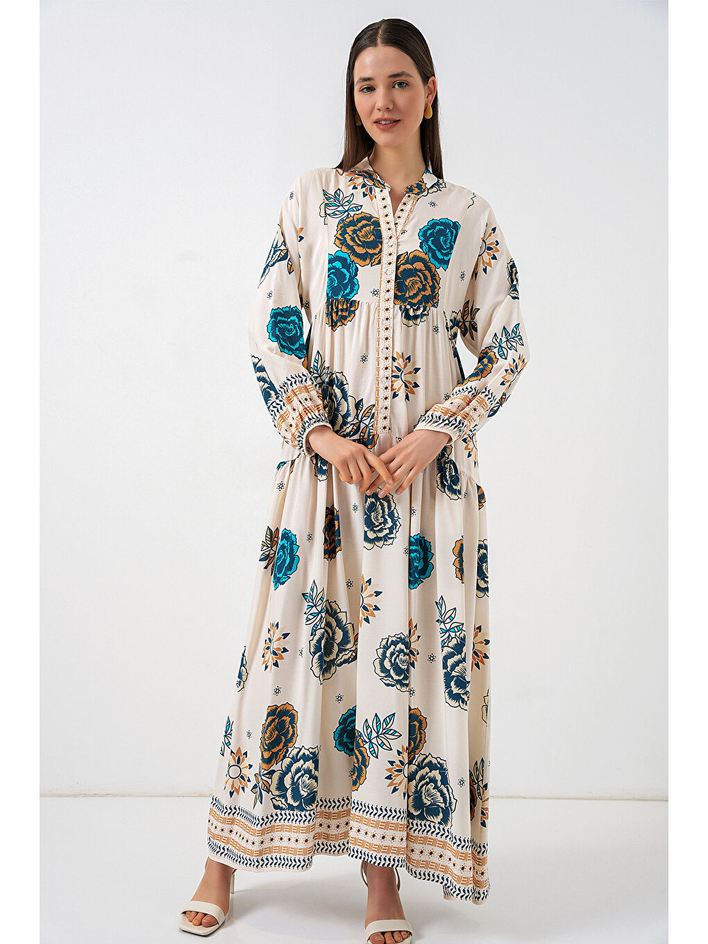 Mavi Kadın Desenli Uzun Tesettür Elbise 2585 - A.SAKS