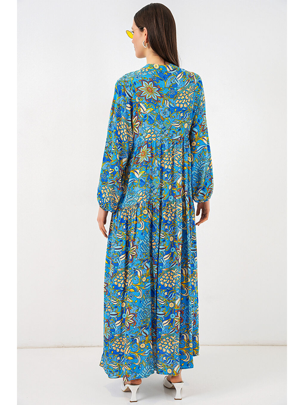 Kadın Desenli Uzun Tesettür Elbise 2585 - Turkuaz-5