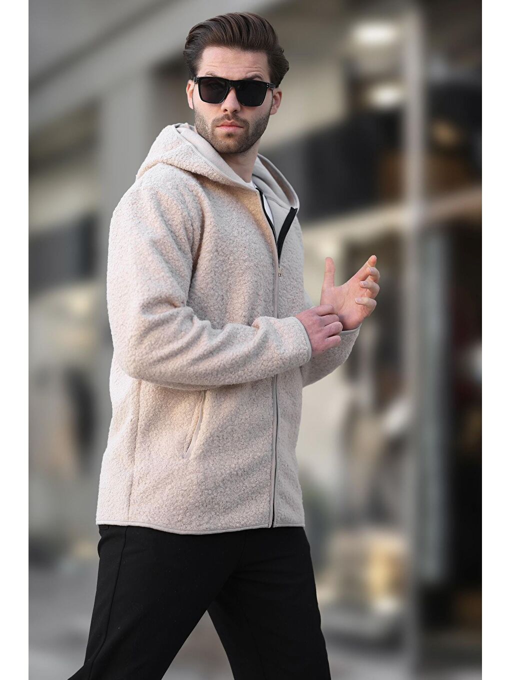 Ekru Fermuarlı Pelüş Erkek Hırka E7080