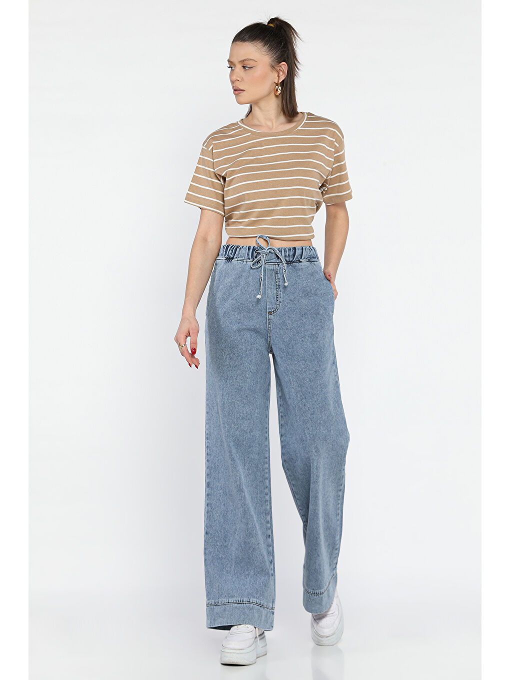 Mavi Bel Lastikli Bol Paça Jean Pantolon-1