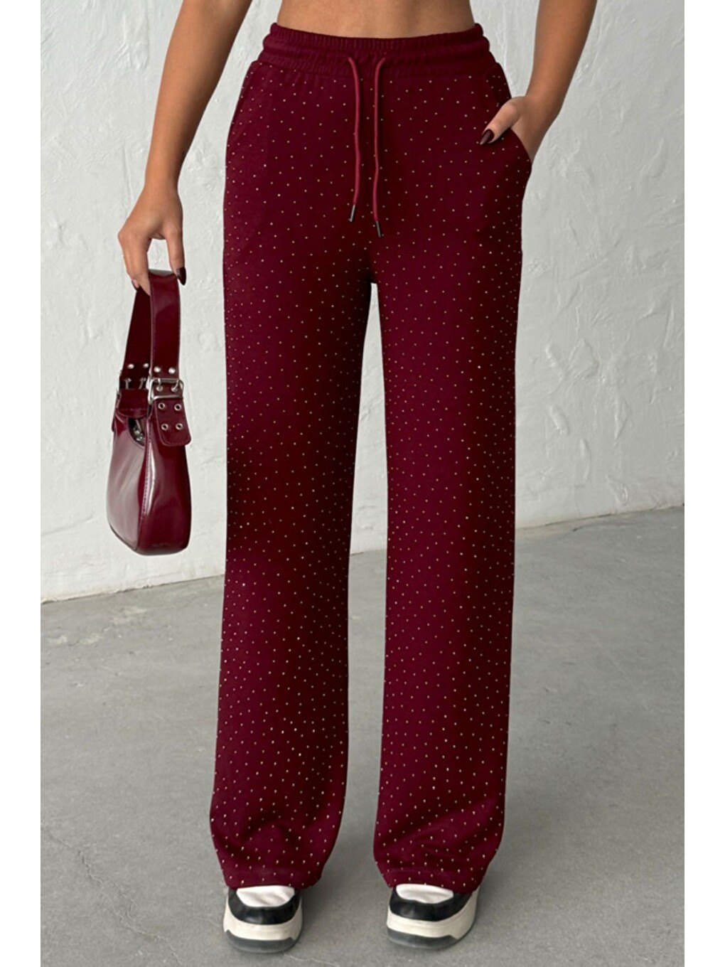 Bordo Kadın Taşlı Yüksek Kalite Beli Bağcıklı Yüksek Bel Pantolon-2