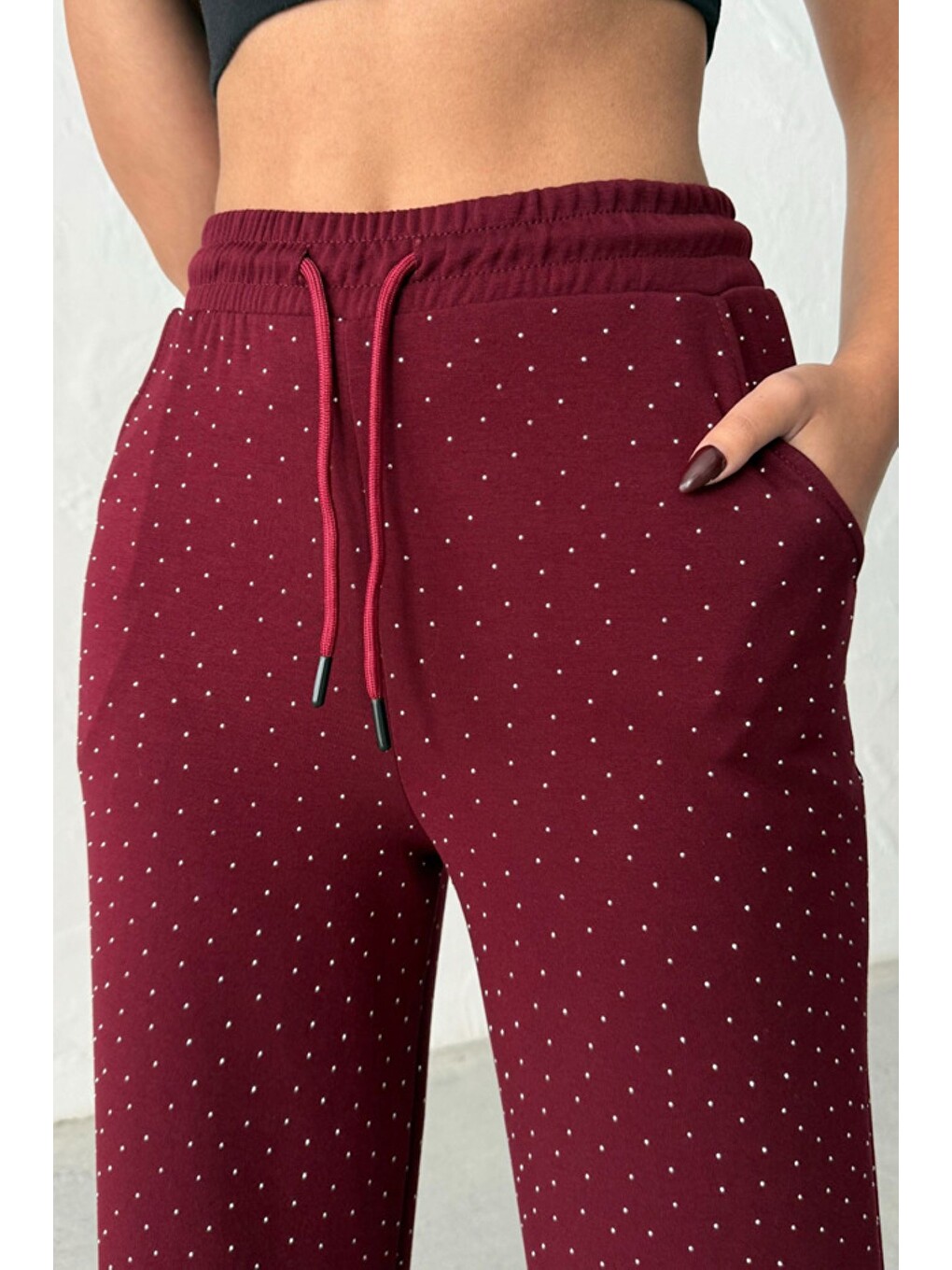 Bordo Kadın Taşlı Yüksek Kalite Beli Bağcıklı Yüksek Bel Pantolon-3