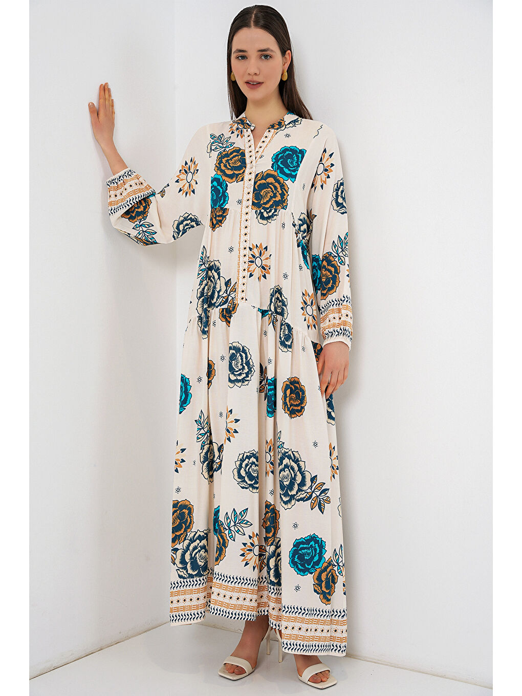 Mavi Kadın Desenli Uzun Tesettür Elbise 2585 - A.SAKS-1