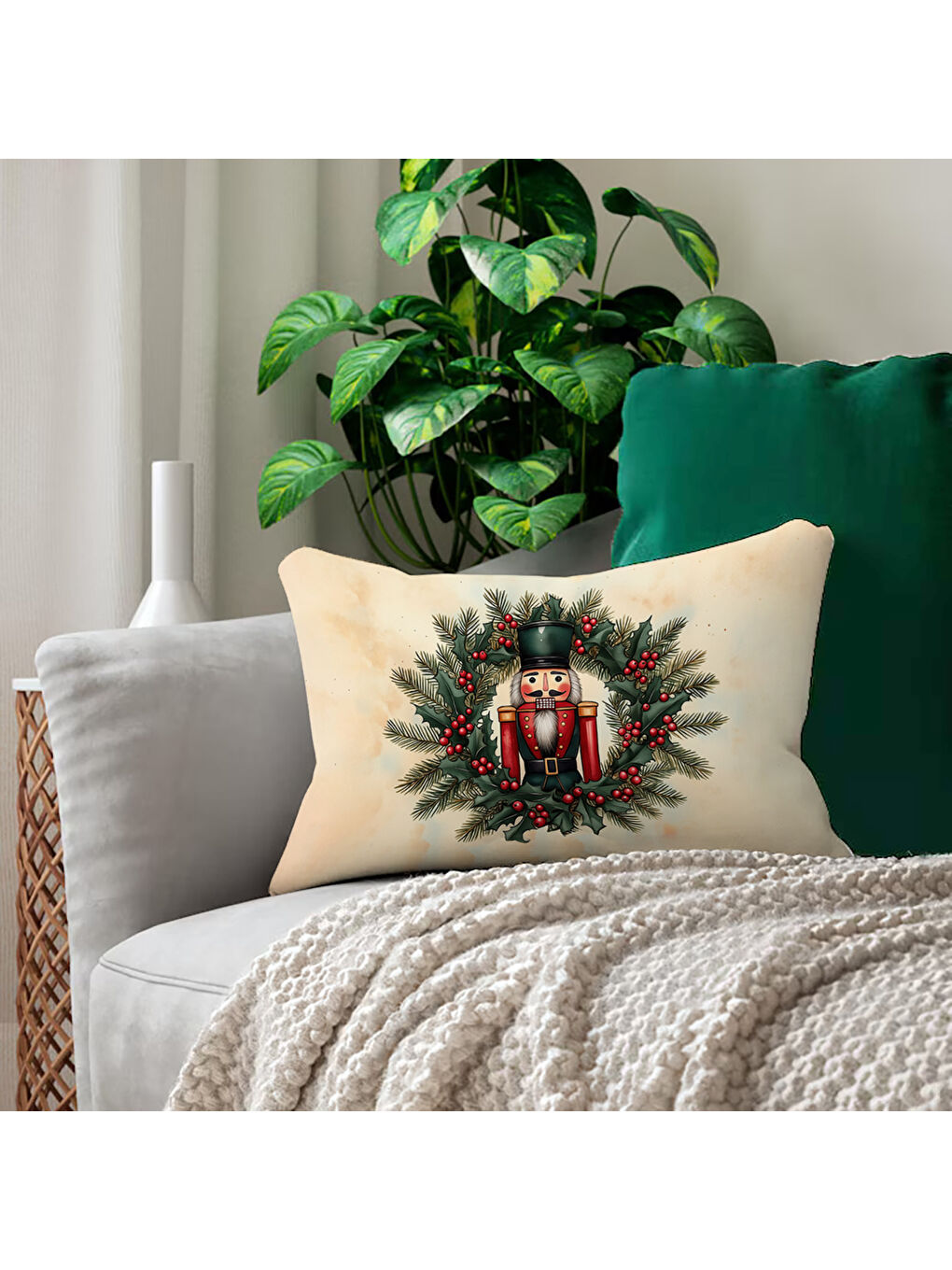 Karışık Yılbaşı Desenli Çift Taraf Baskılı Kadife Kırlent Kılıfı - 35x55 cm | Yumuşak Dokunuş,Özel Tasarım