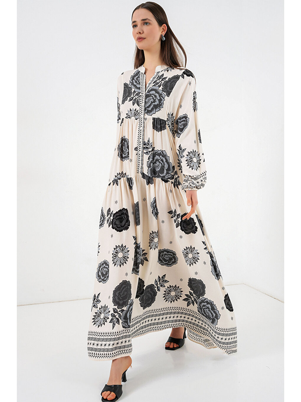 Kadın Desenli Uzun Tesettür Elbise 2585 - T. Ekru-2