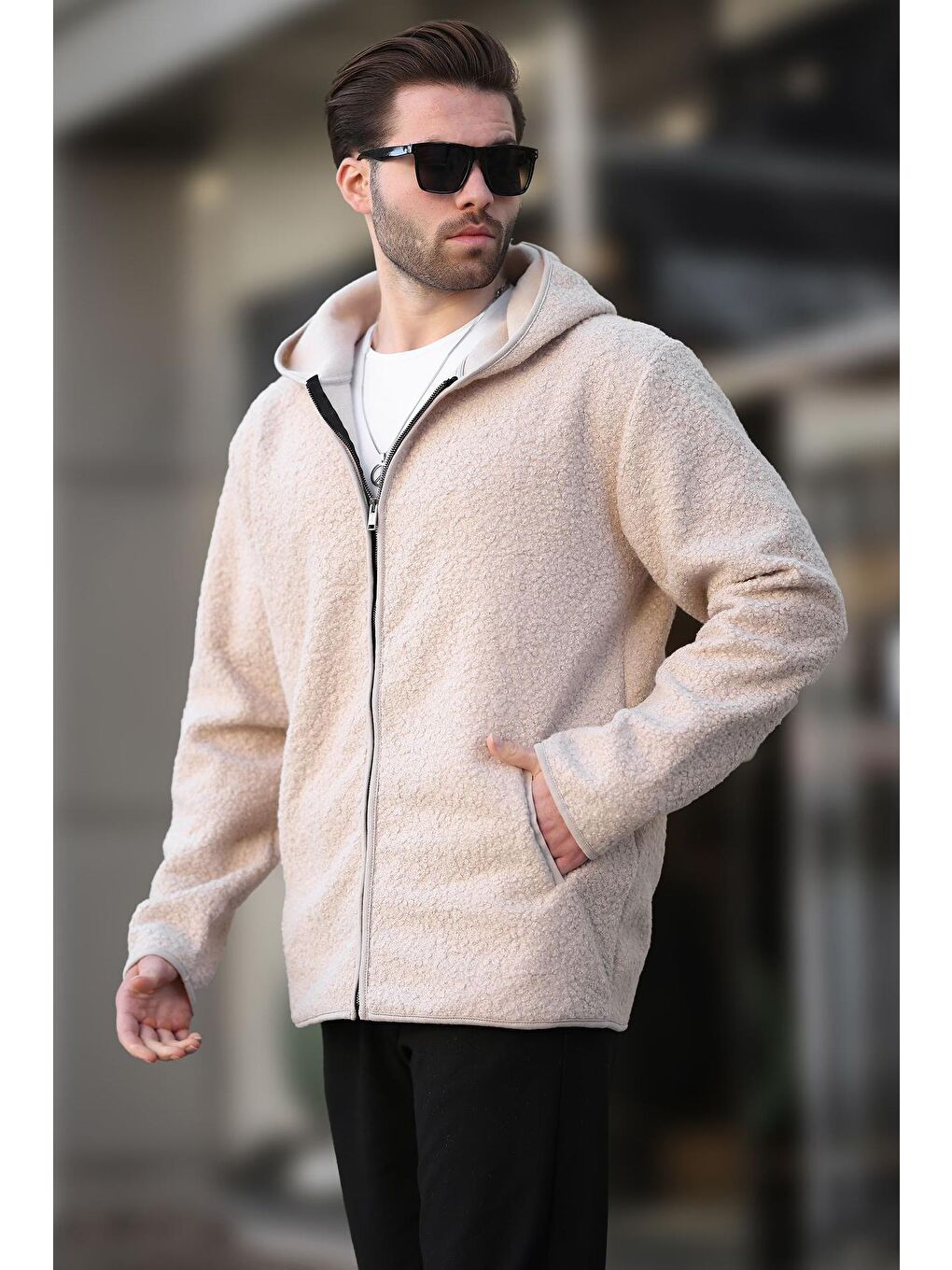 Ekru Fermuarlı Pelüş Erkek Hırka E7080-1