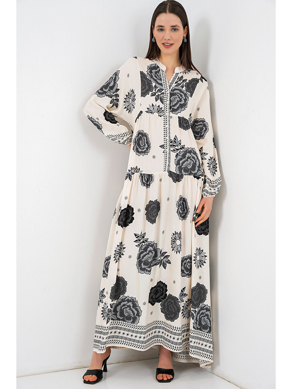 Kadın Desenli Uzun Tesettür Elbise 2585 - T. Ekru-3