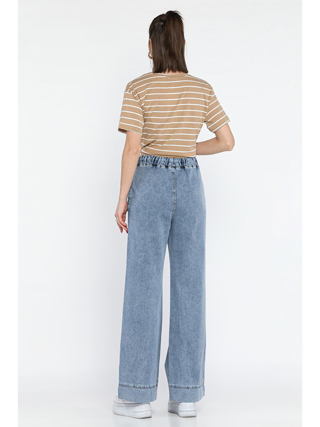 Mavi Bel Lastikli Bol Paça Jean Pantolon-2