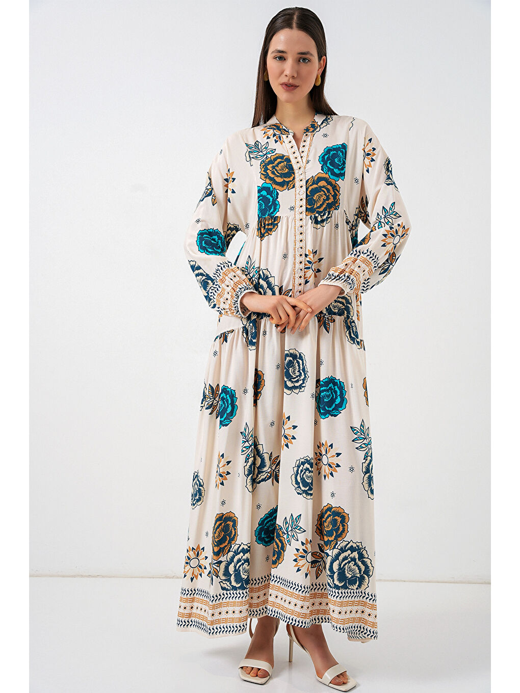 Mavi Kadın Desenli Uzun Tesettür Elbise 2585 - A.SAKS-2