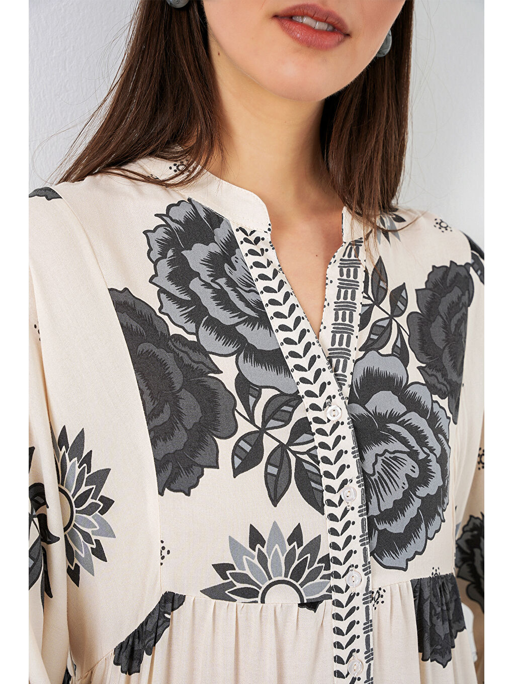 Kadın Desenli Uzun Tesettür Elbise 2585 - T. Ekru-4