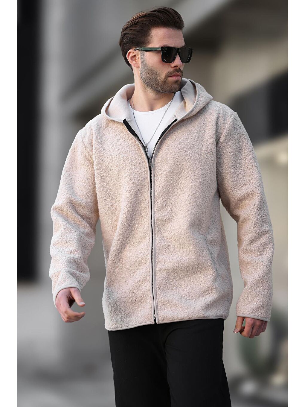 Ekru Fermuarlı Pelüş Erkek Hırka E7080-2