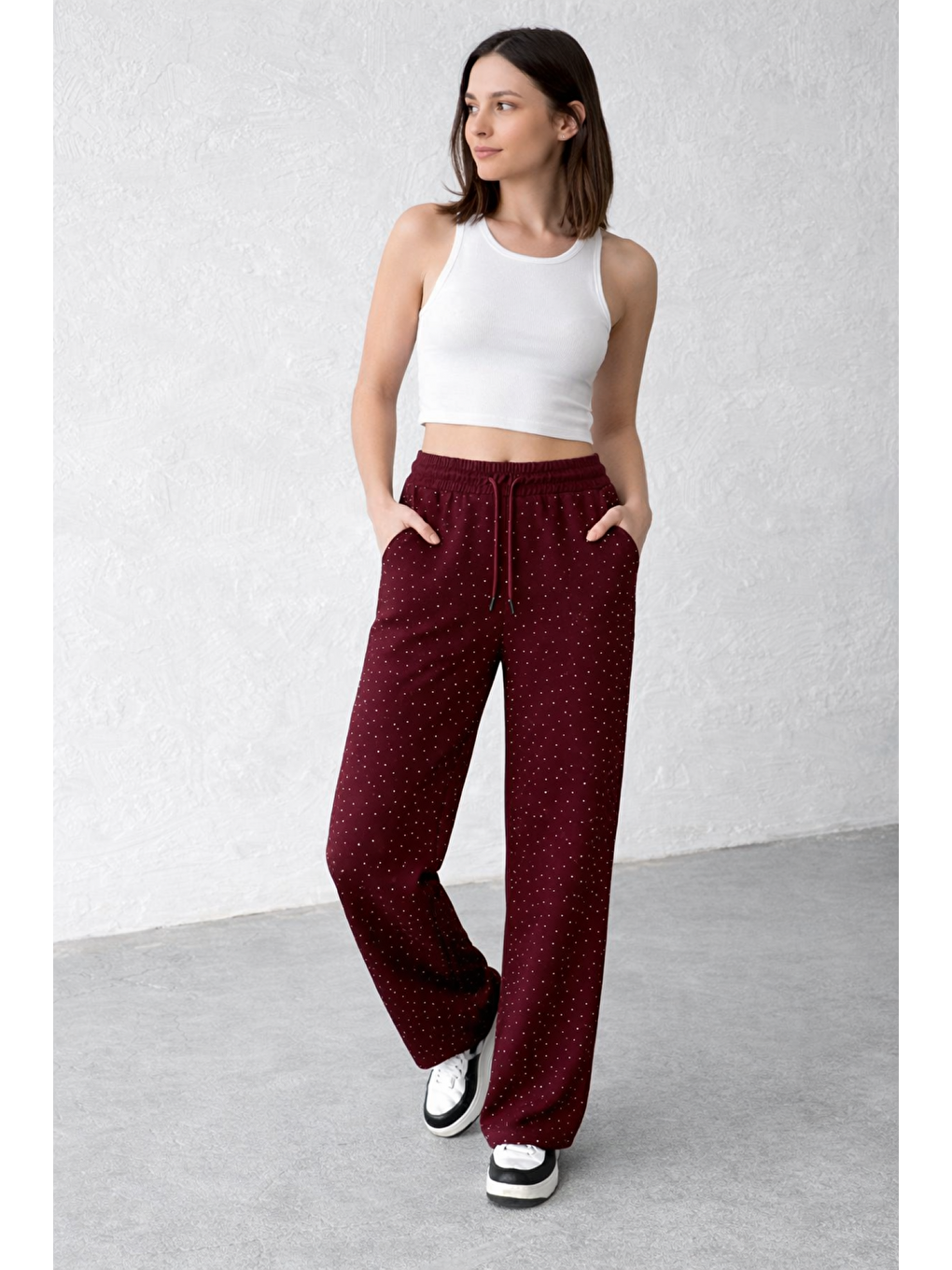 Bordo Kadın Taşlı Yüksek Kalite Beli Bağcıklı Yüksek Bel Pantolon-4