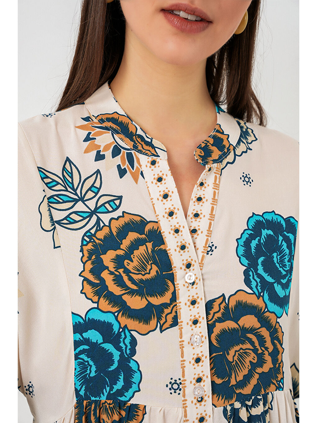 Mavi Kadın Desenli Uzun Tesettür Elbise 2585 - A.SAKS-3