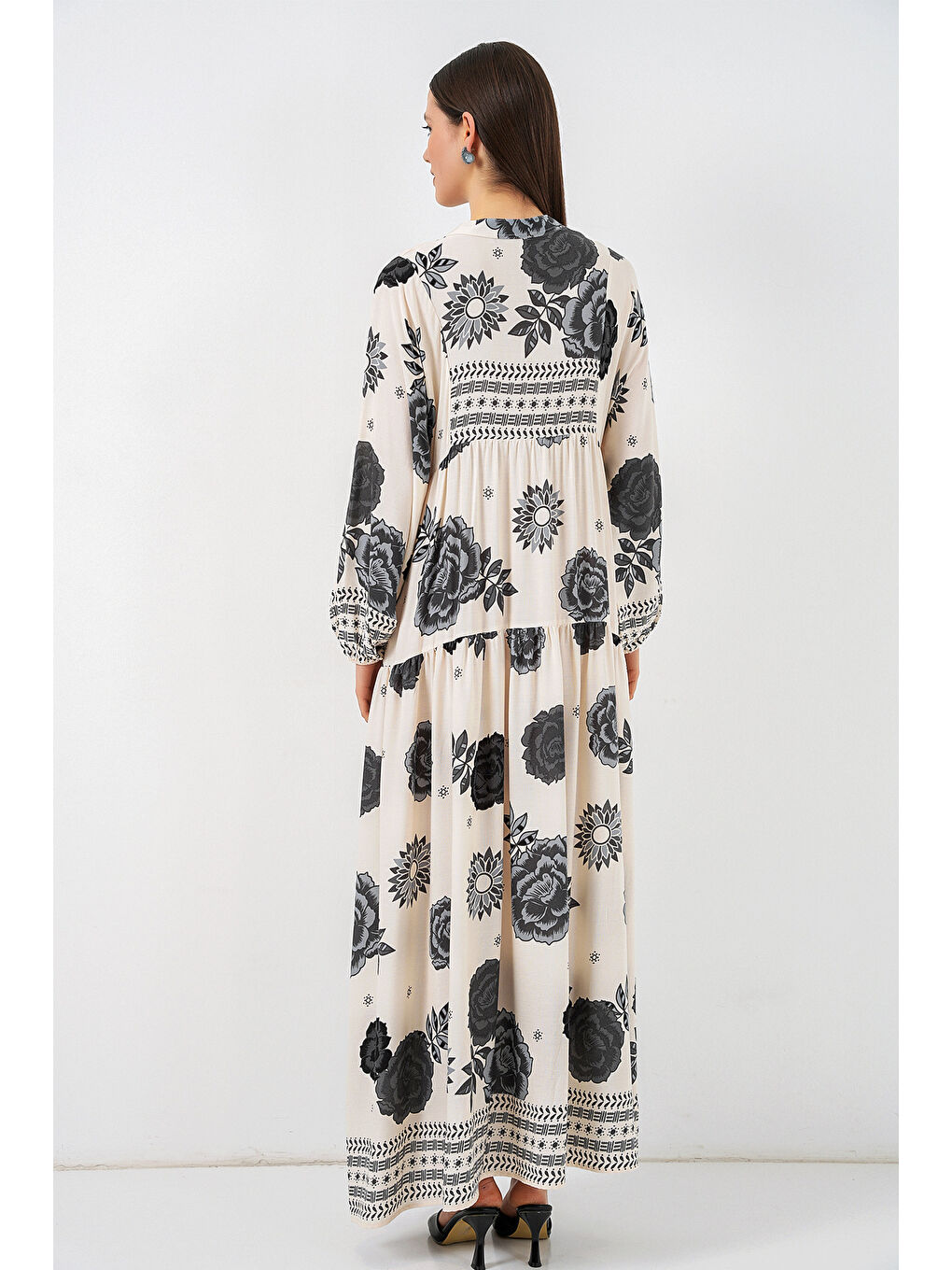 Kadın Desenli Uzun Tesettür Elbise 2585 - T. Ekru-5