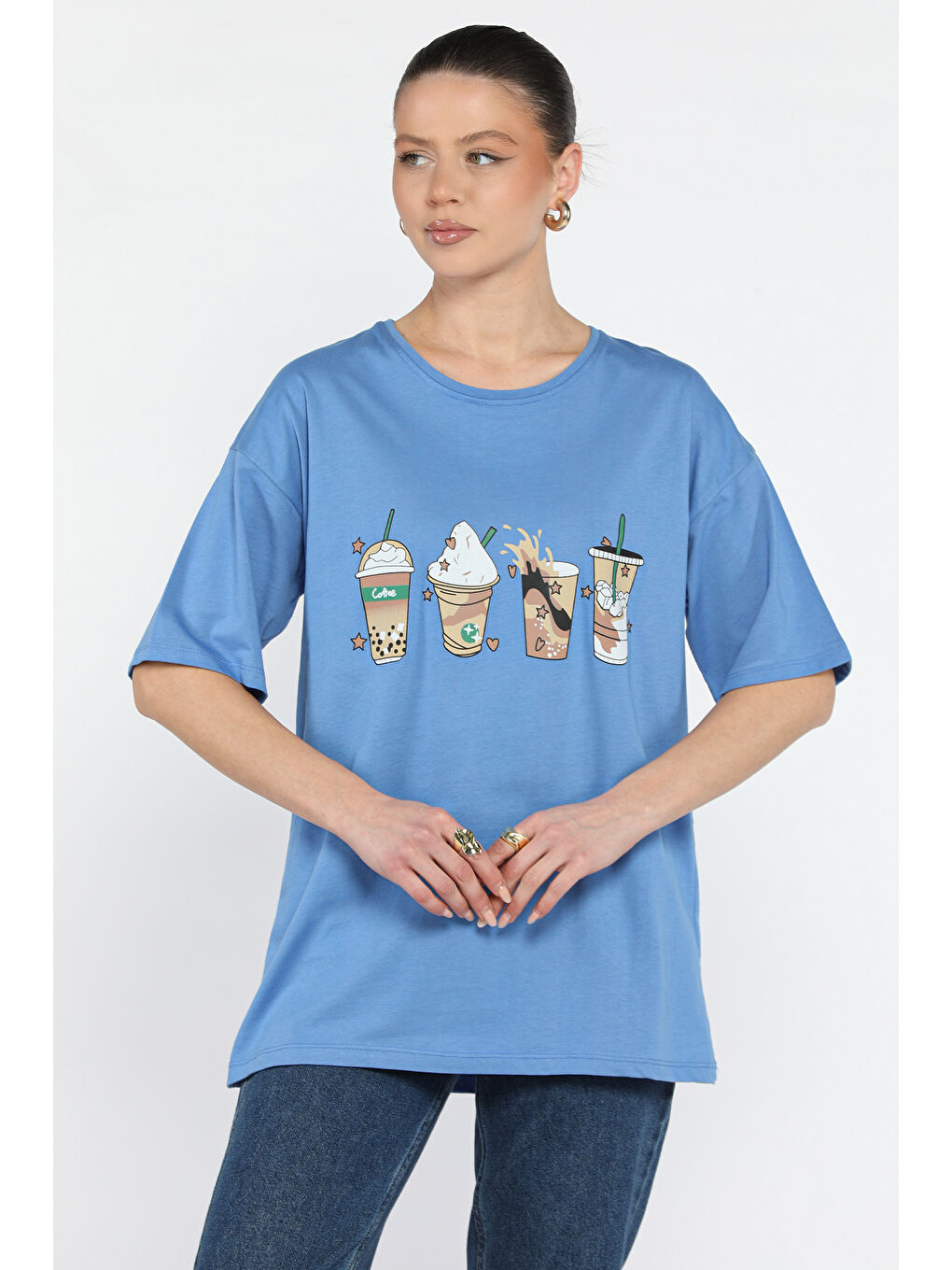 İndigo Bisiklet Yaka Ön Baskılı Kadın Tişört-1