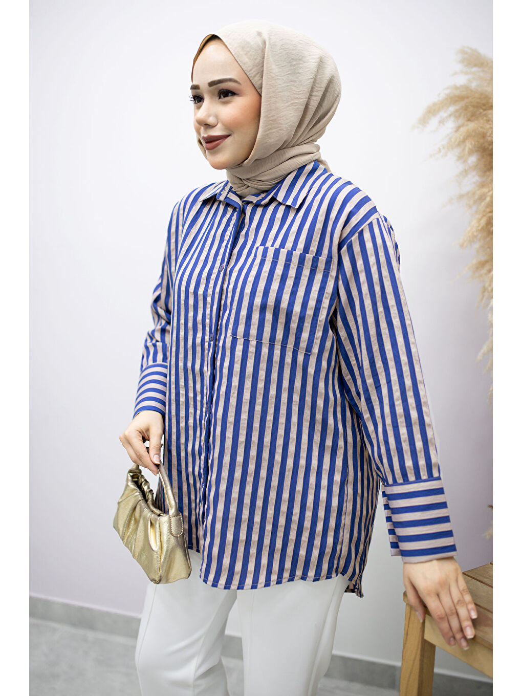 Çizgili Cepli Gömlek TSD260174 İndigo-1