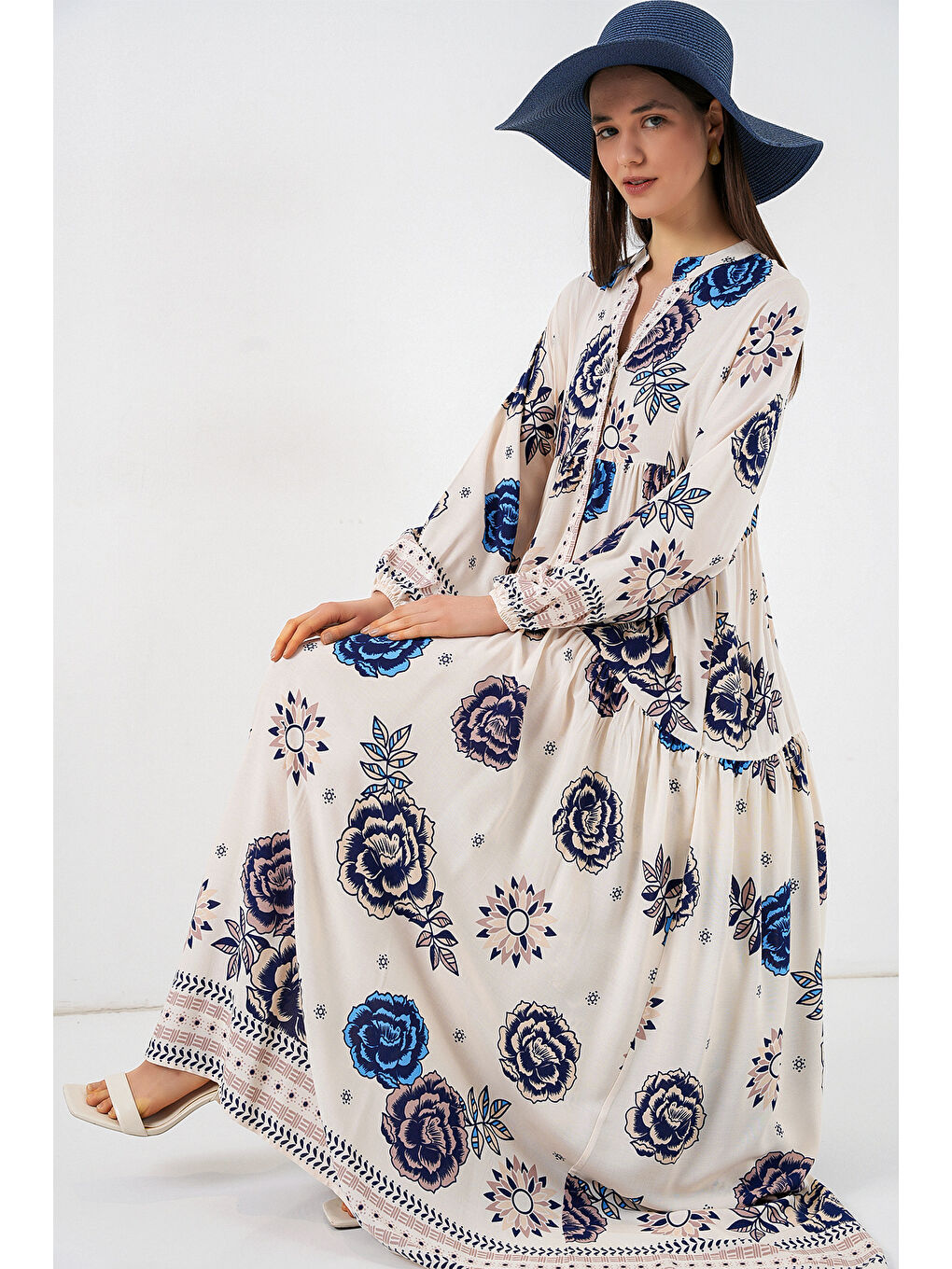 Kadın Desenli Uzun Tesettür Elbise 2585 - B.Lacivert