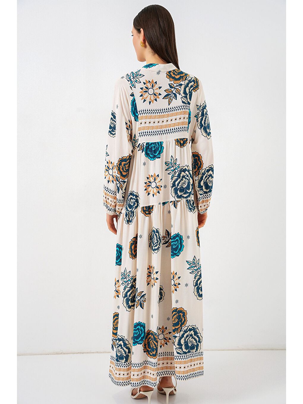 Mavi Kadın Desenli Uzun Tesettür Elbise 2585 - A.SAKS-4