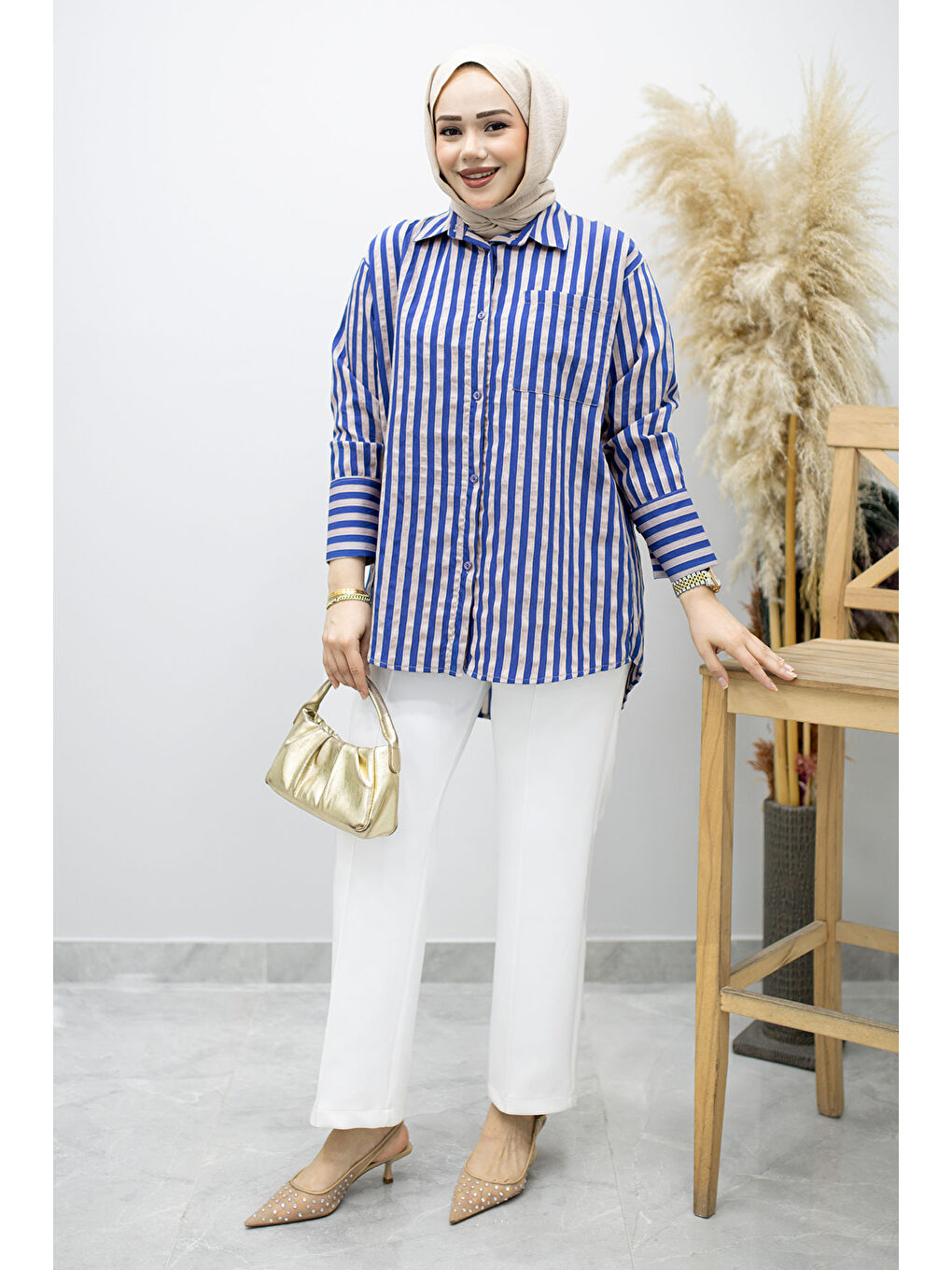 Çizgili Cepli Gömlek TSD260174 İndigo-2