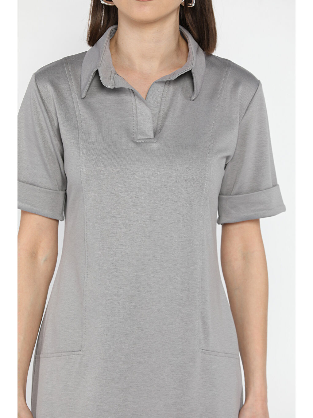 Gri Polo Yaka Duble Kol Kadın Elbise-3