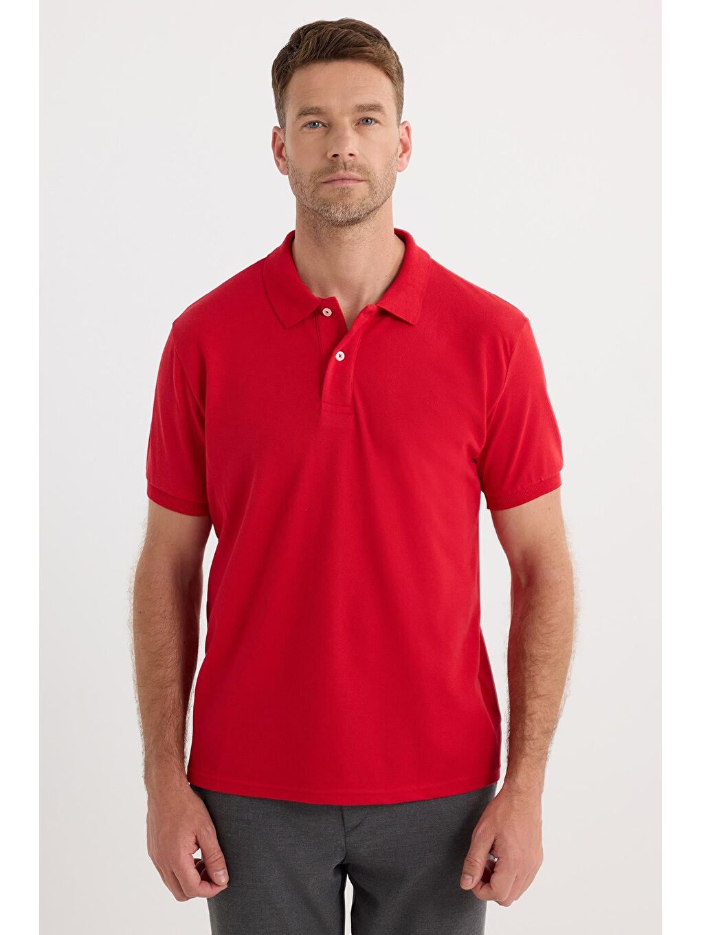 Erkek Regular Fit Klasik Kesim Pamuklu Yumuşak Dokulu Serin Tutan Kumaş Düz Kırmızı Polo Yaka Tişört-3