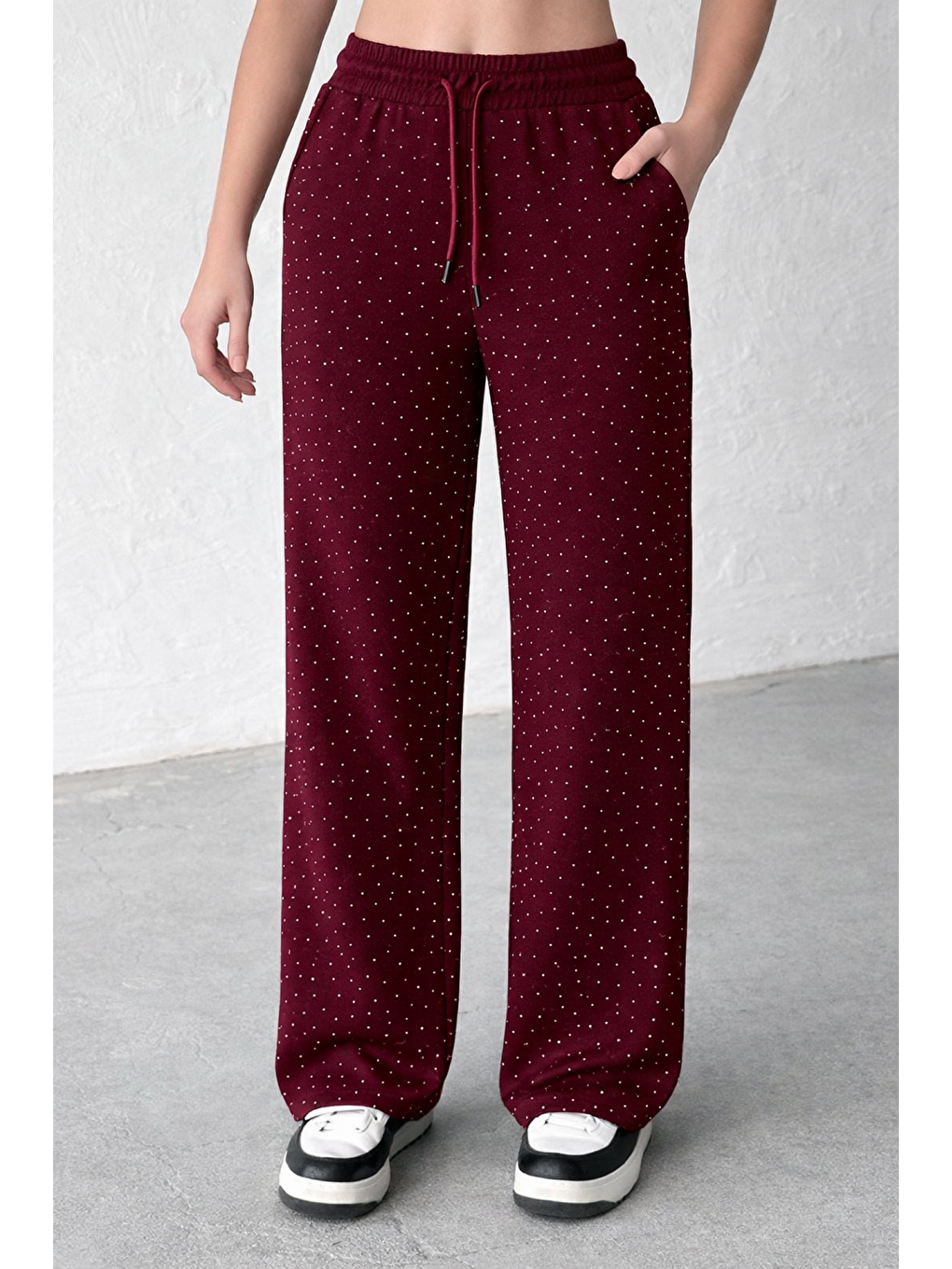 Bordo Kadın Taşlı Yüksek Kalite Beli Bağcıklı Yüksek Bel Pantolon-5