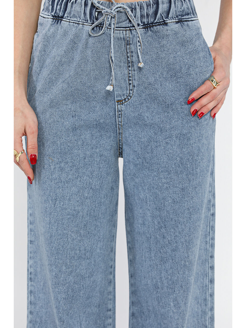 Mavi Bel Lastikli Bol Paça Jean Pantolon-3