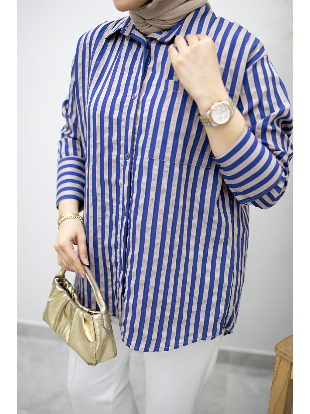 Çizgili Cepli Gömlek TSD260174 İndigo-3