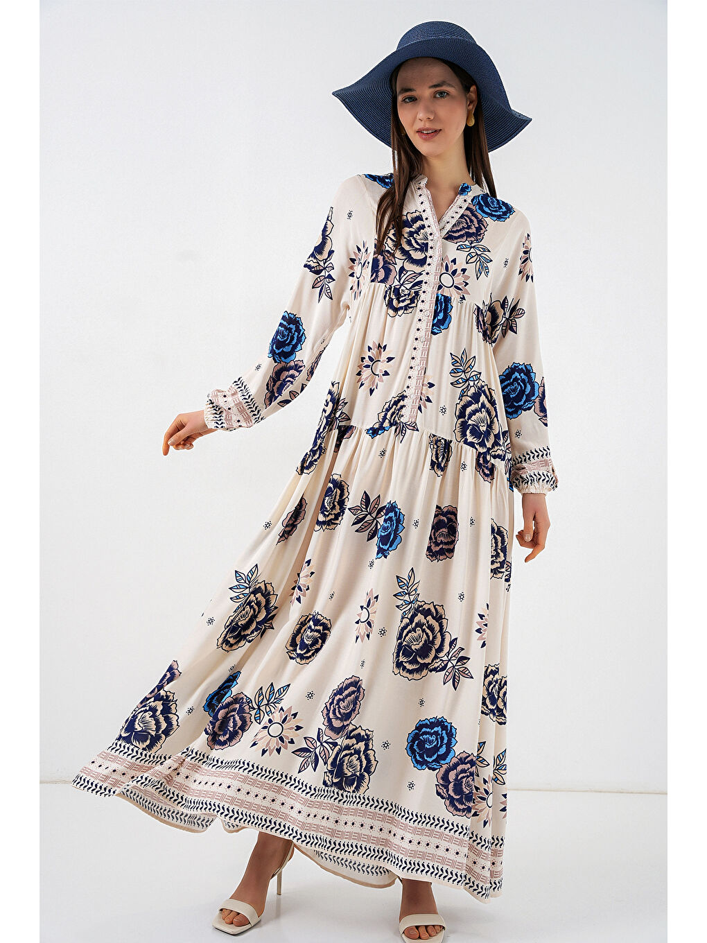 Kadın Desenli Uzun Tesettür Elbise 2585 - B.Lacivert-1