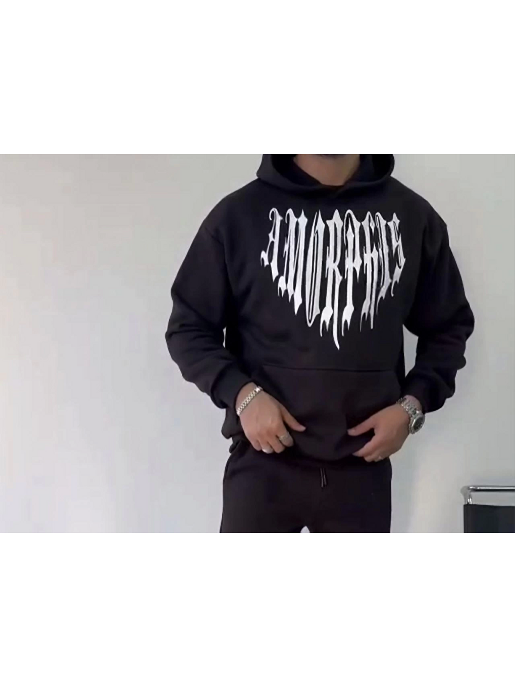 Uzun Kol Kapüşonlu Baskılı Sweatshirt - Siyah-1