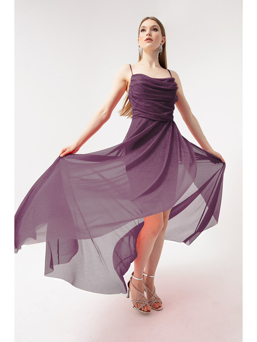 Kadın Mürdüm Göğüs Drapeli Volanlı Simli Abiye-2