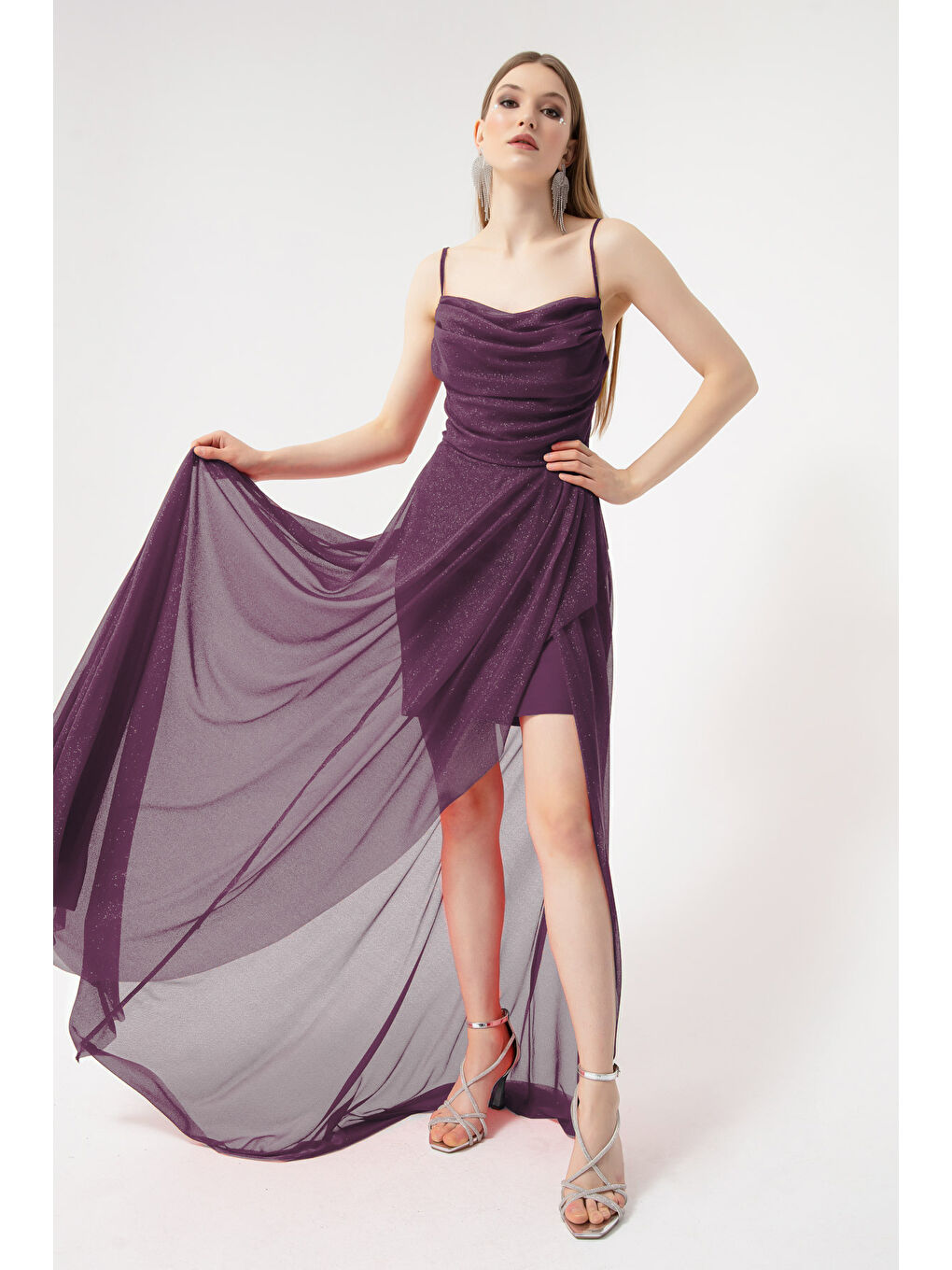 Kadın Mürdüm Göğüs Drapeli Volanlı Simli Abiye-3