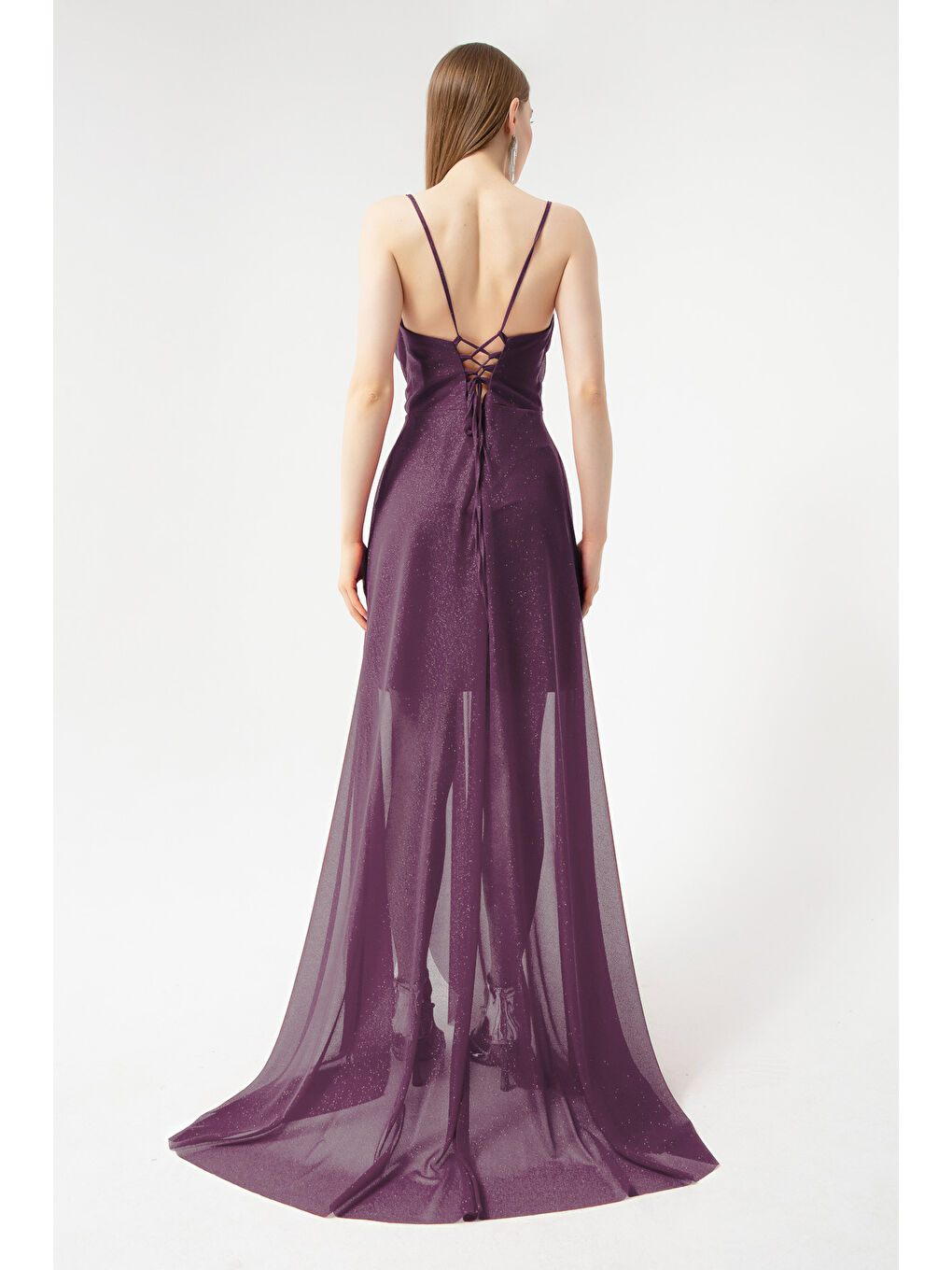 Kadın Mürdüm Göğüs Drapeli Volanlı Simli Abiye-4