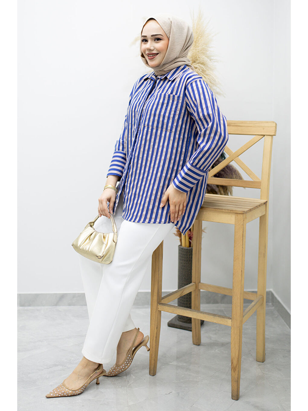 Çizgili Cepli Gömlek TSD260174 İndigo-4