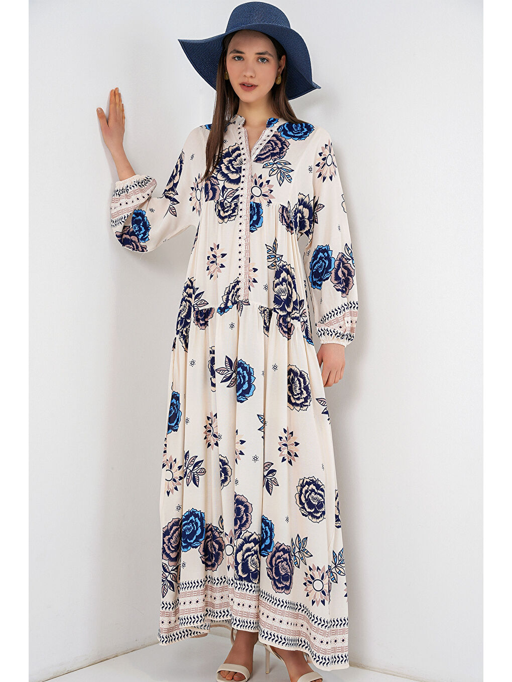 Kadın Desenli Uzun Tesettür Elbise 2585 - B.Lacivert-2