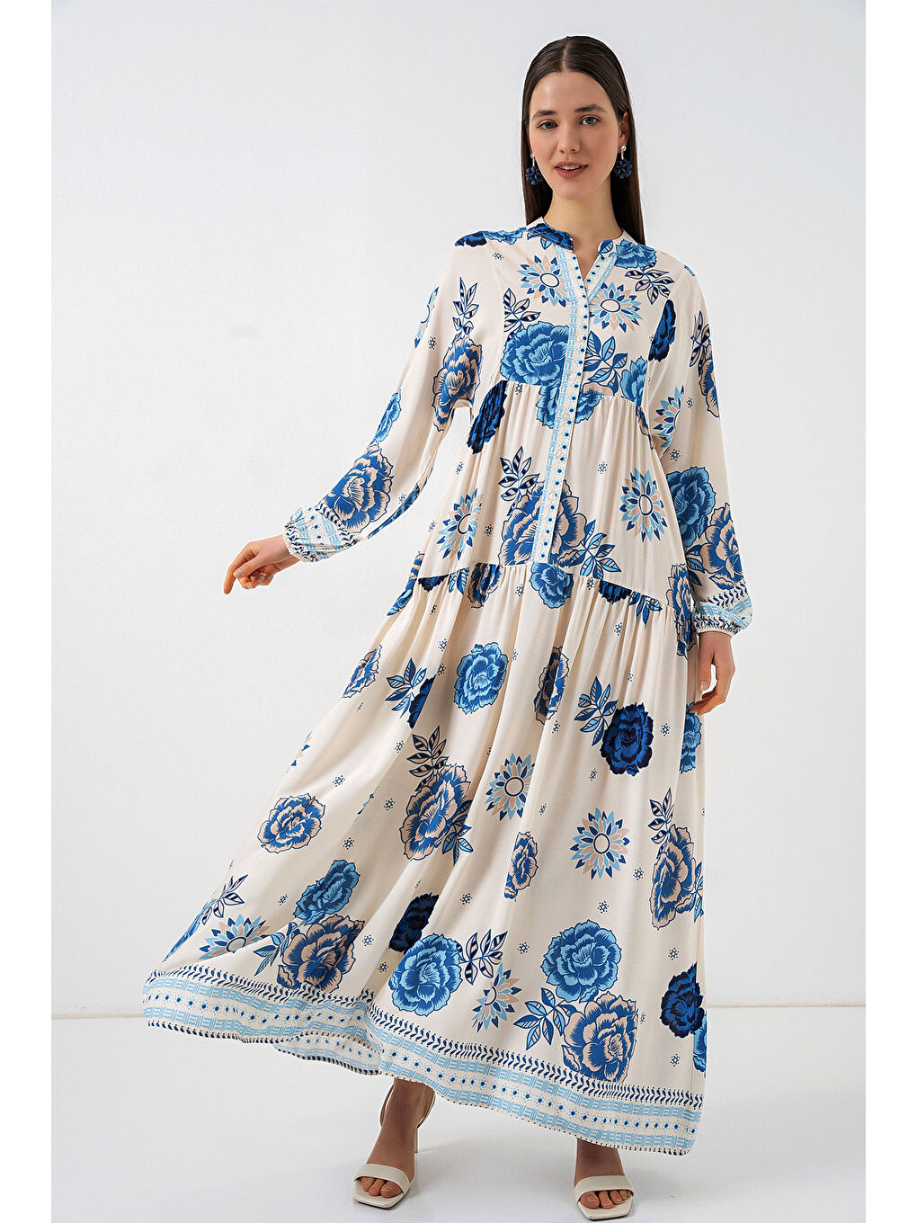 Mavi Kadın Desenli Uzun Tesettür Elbise 2585 - C.Saks