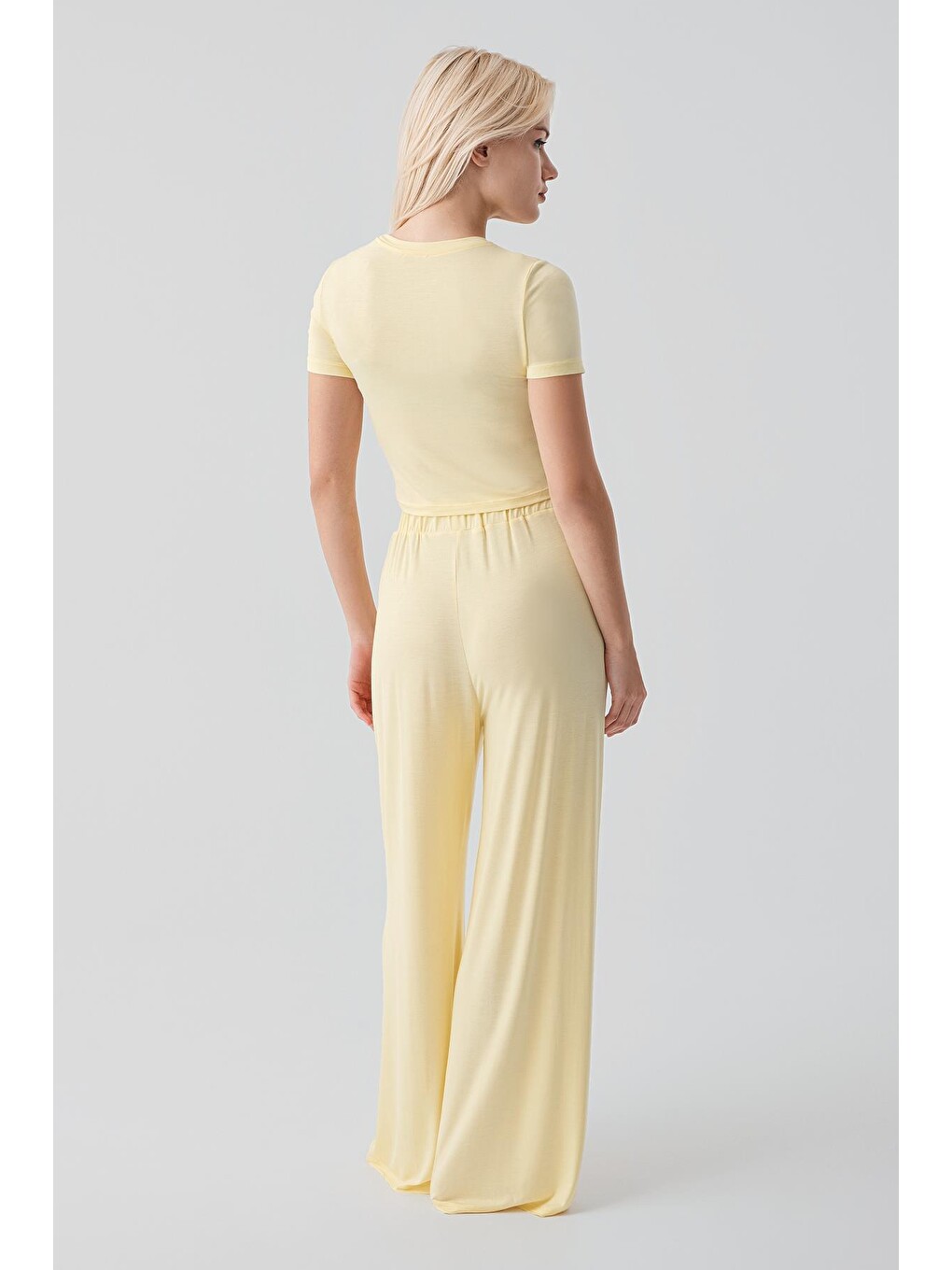 Sarı Kısa Kollu Crop Bol Paça Esnek Elastanlı Viskoz Soft Pijama Takım 17216-6