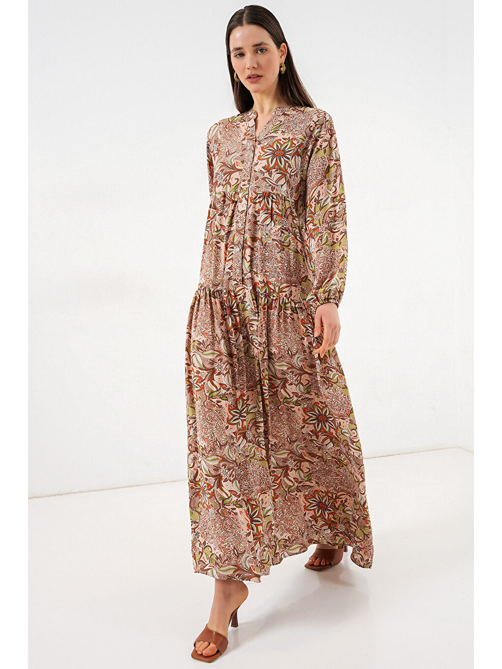 Bej Kadın Desenli Uzun Tesettür Elbise 2585 - Sütlü Kahve-1