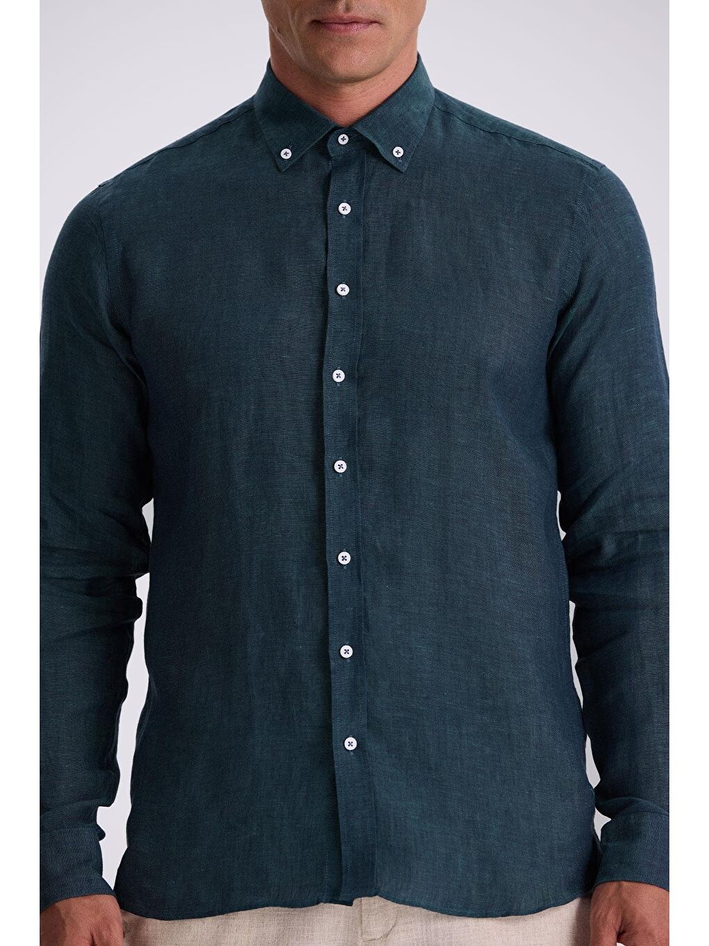 Haki %100 Keten Düğmeli Yaka Comfort Fit Gömlek-2