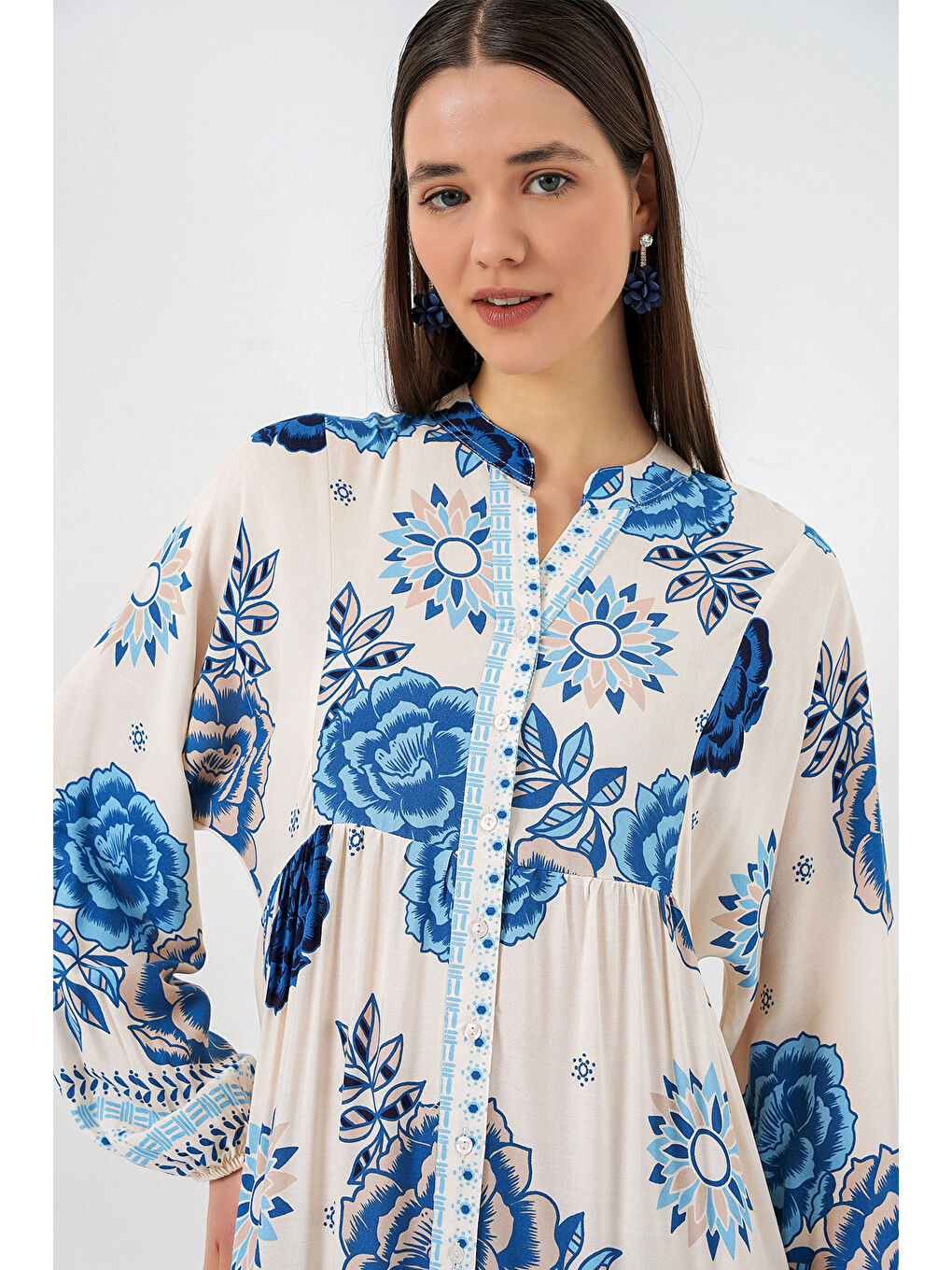 Mavi Kadın Desenli Uzun Tesettür Elbise 2585 - C.Saks-1