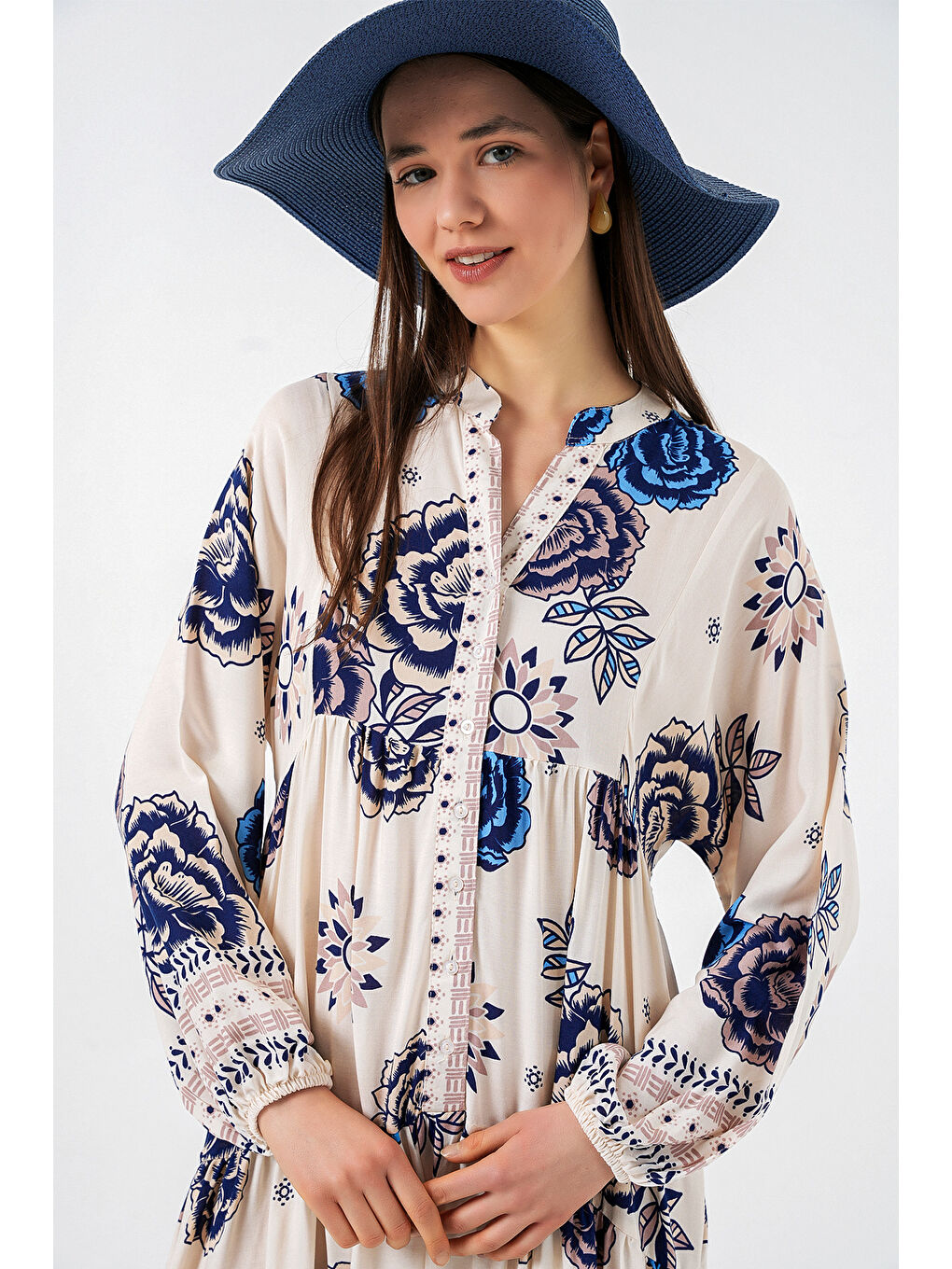 Kadın Desenli Uzun Tesettür Elbise 2585 - B.Lacivert-3