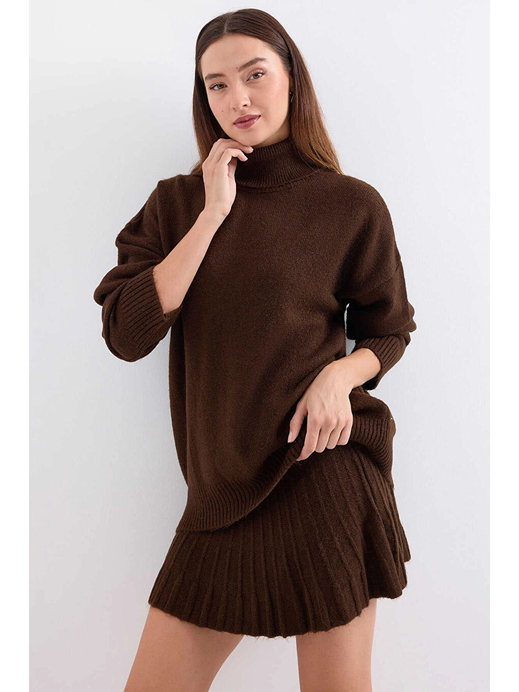 Kadın Kahverengi Kazak Etek Triko İkili Takım HZL25W-BD1102641