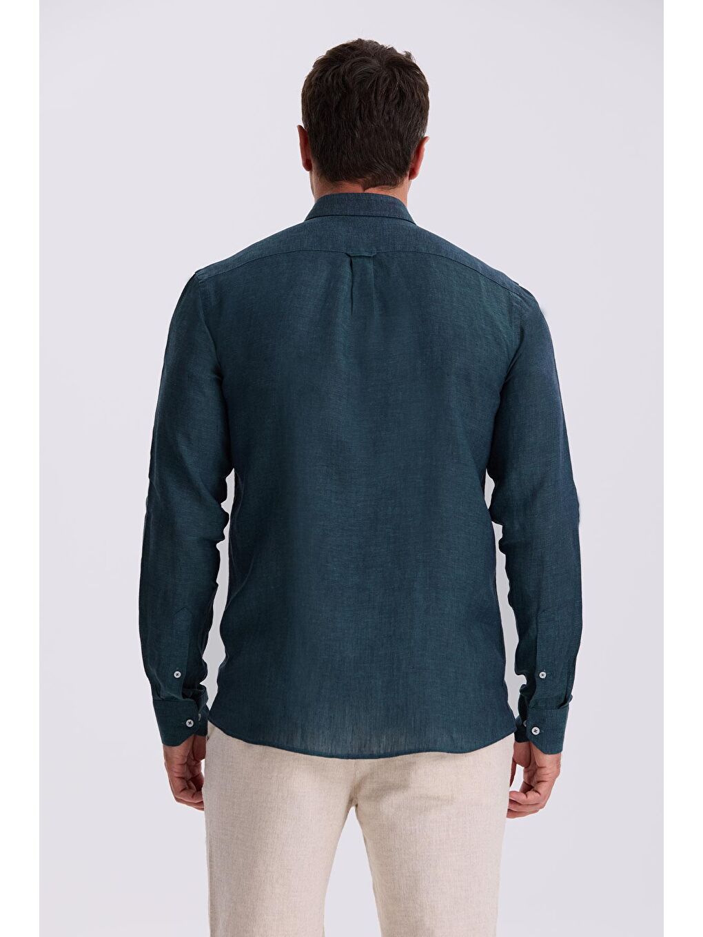 Haki %100 Keten Düğmeli Yaka Comfort Fit Gömlek-3