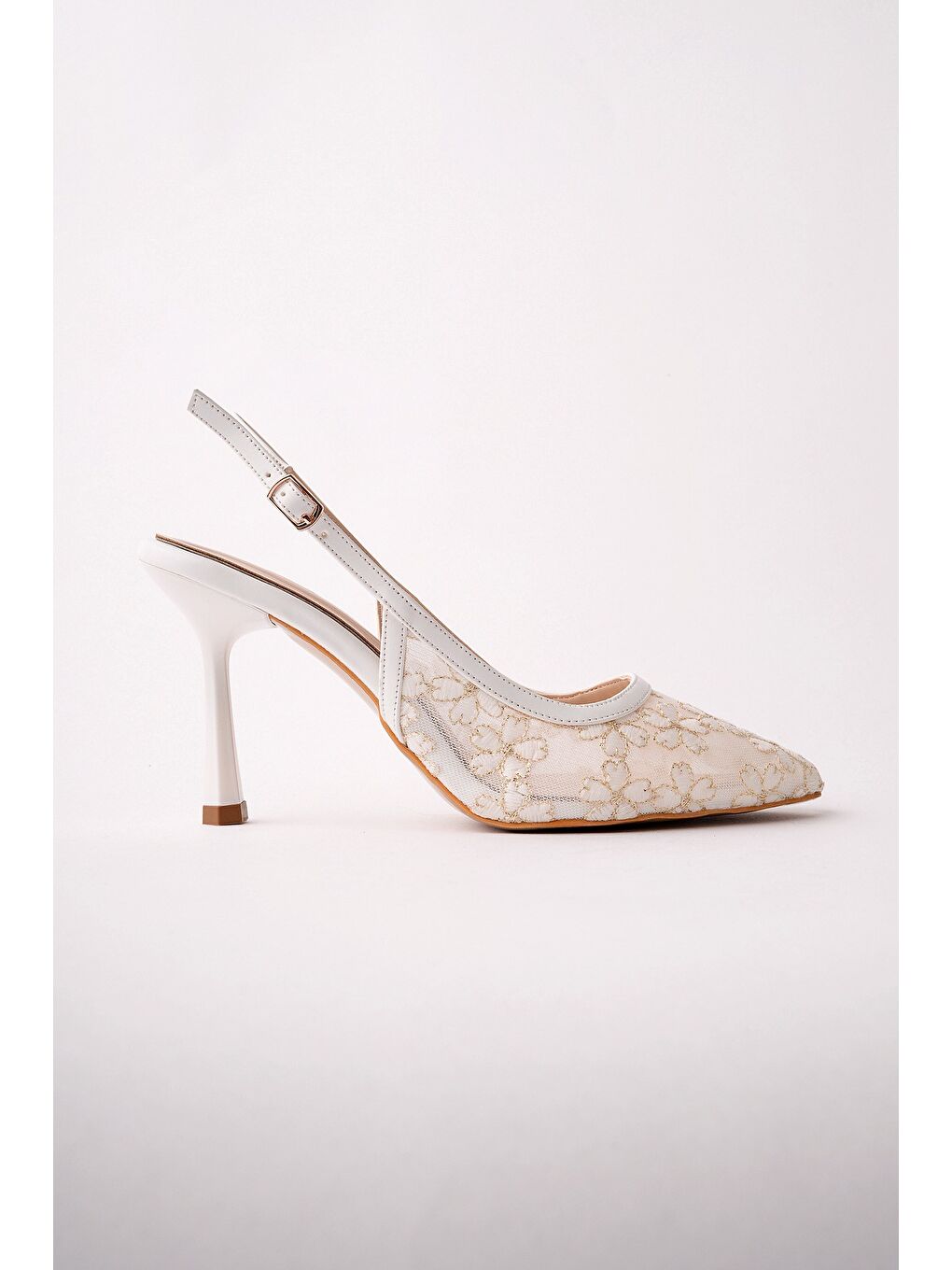 Beyaz ARİS Dantel Detaylı Sivri Burun Arkası Açık İnce Topuklu Kadın Abiye Ayakkabı-1